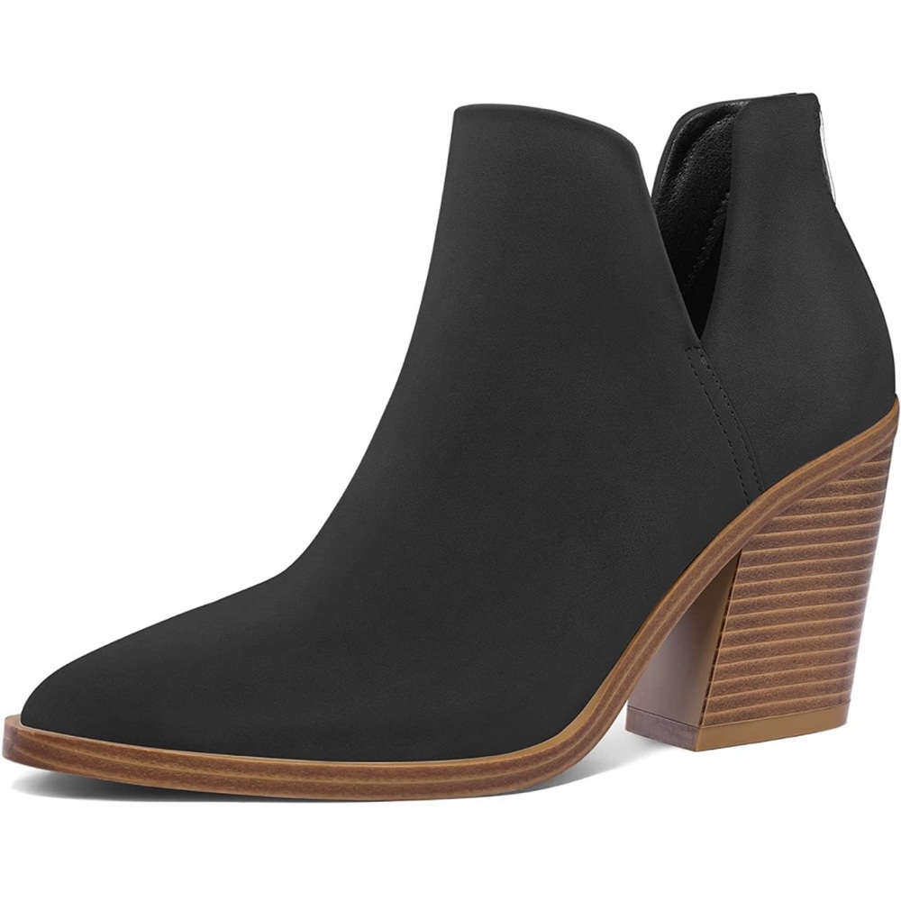 Ankle Boots Slip on Cutout Pointed Toe Chunky Stacked Mid Heel Booties